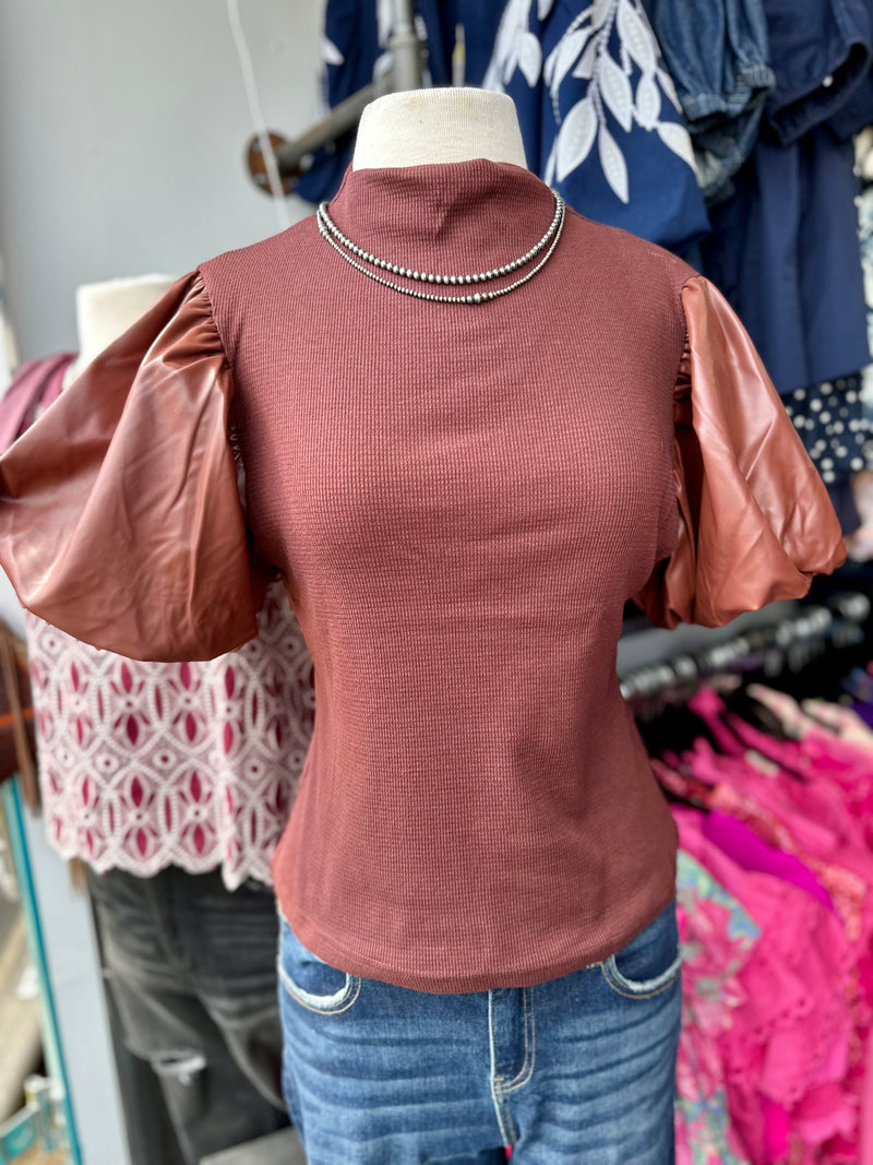 Brown Pleather Puff Sleeve Top