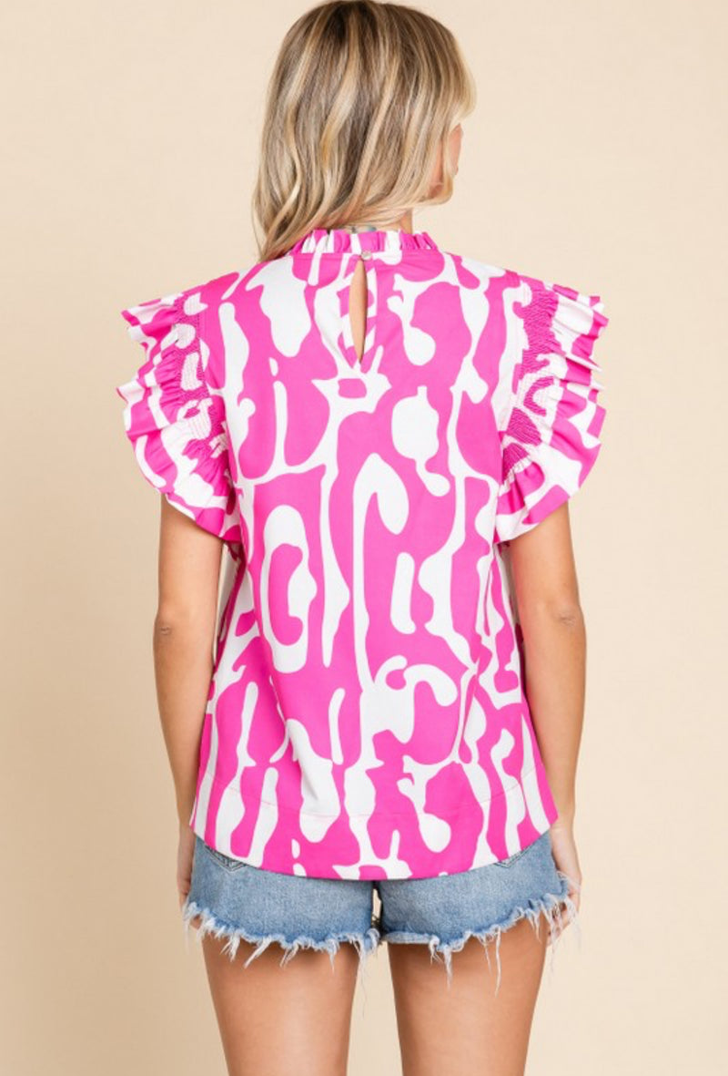 Abstract Print Ruffle Cap Sleeve Top - Pink