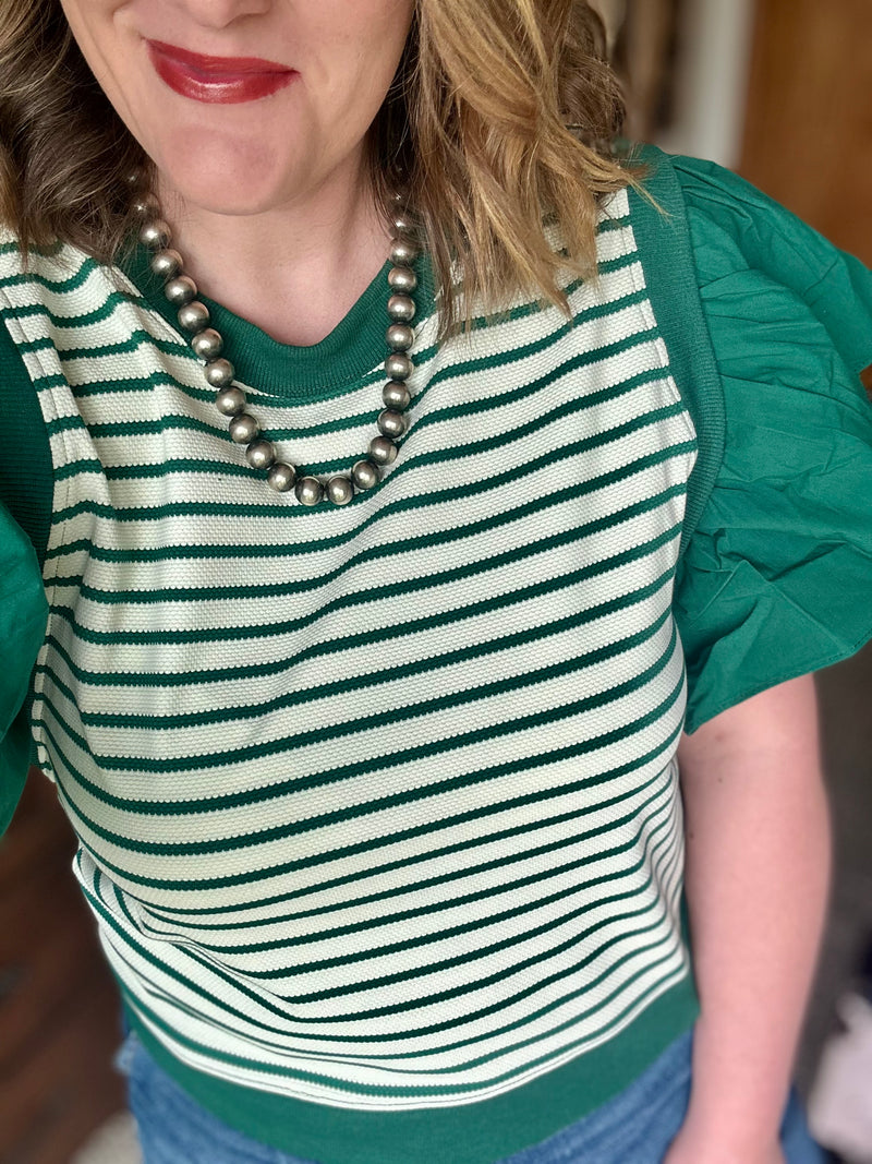 Hunter Green Striped Ruffle Sleeve Top