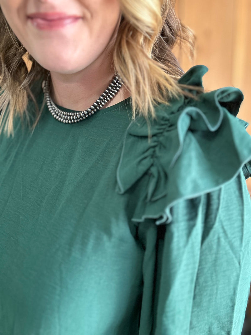 Green Ruffle Shoulder Top
