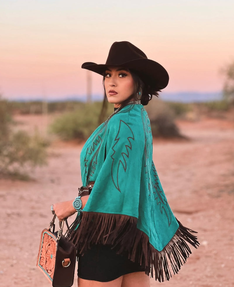 Teal Suede Boot Stitch Embroidered Cape