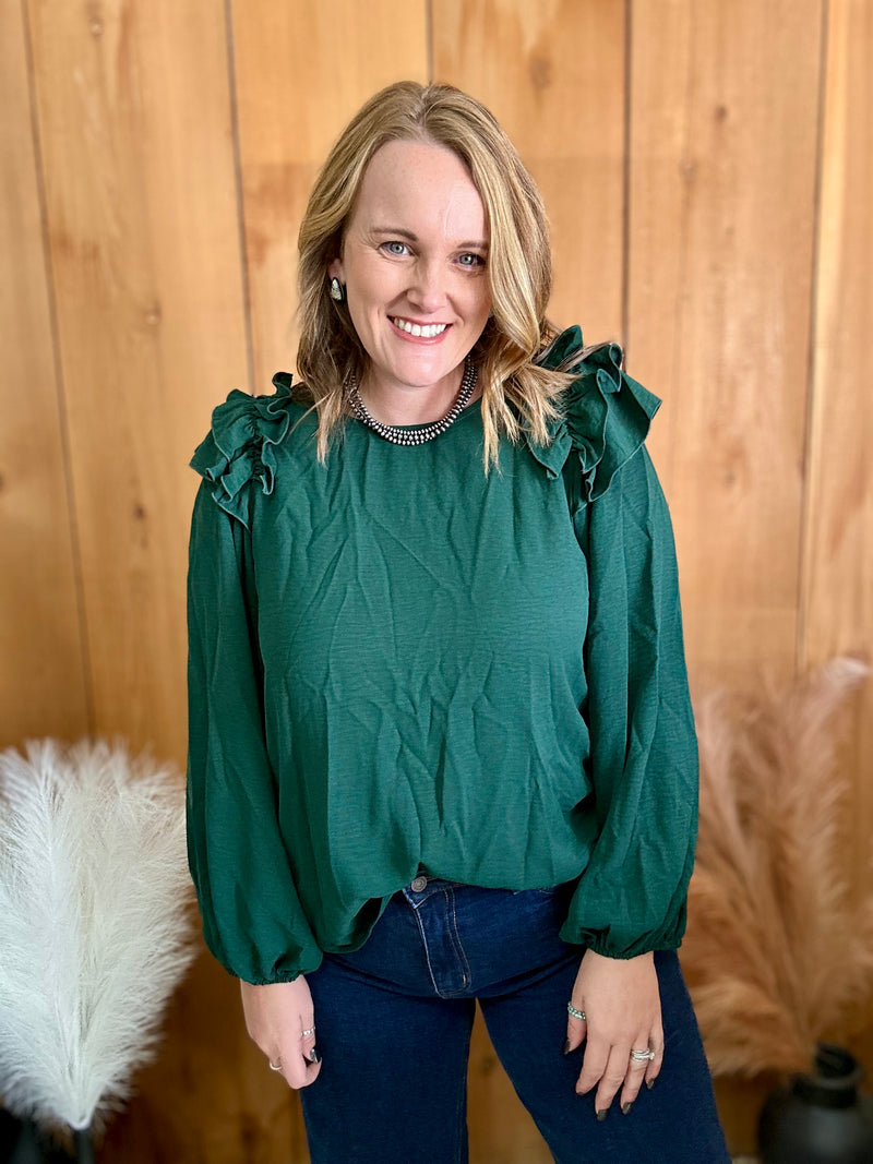 Green Ruffle Shoulder Top