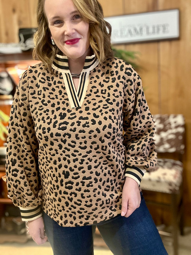 Leopard Puff Sleeve V Neck
