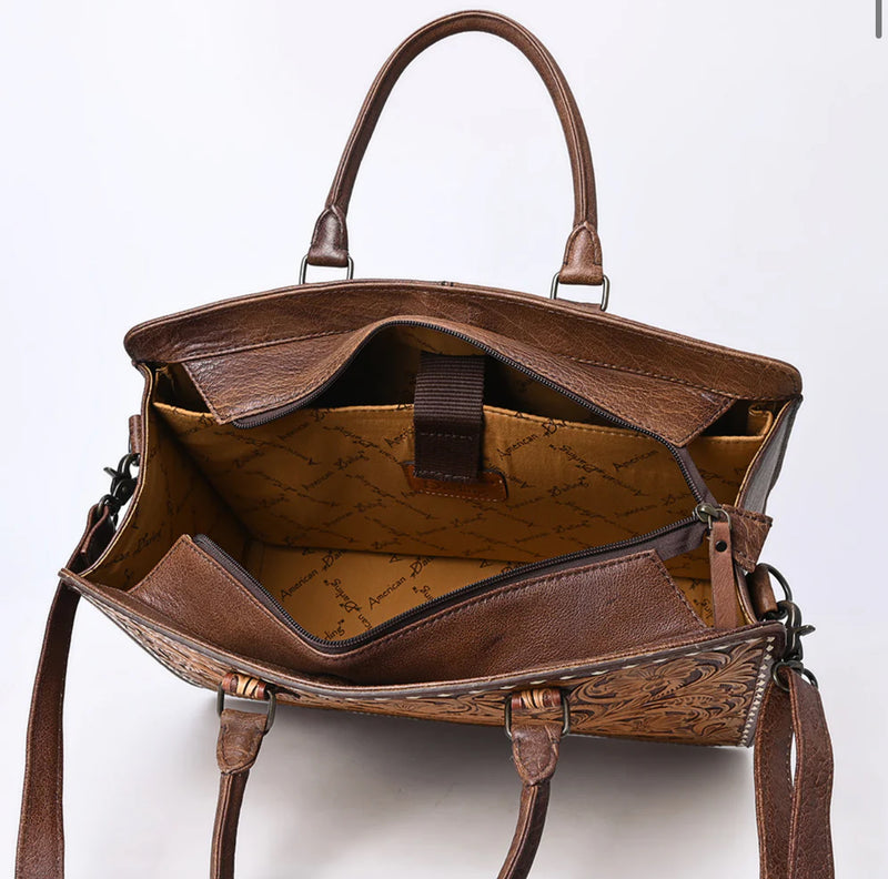 White Sttch Tooled Leather Tote