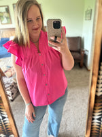 Pink Flutter Tiered Sleeve Button Down Top