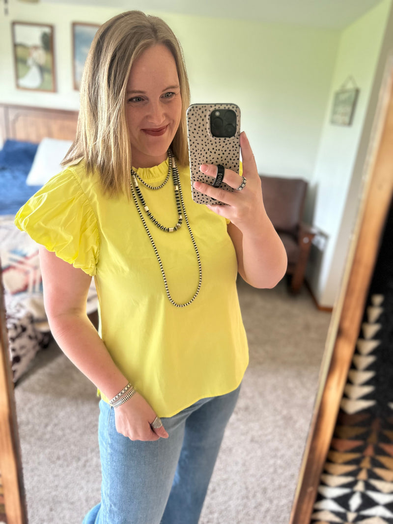 Lemon Pleat Sleeve Mock Neck Top