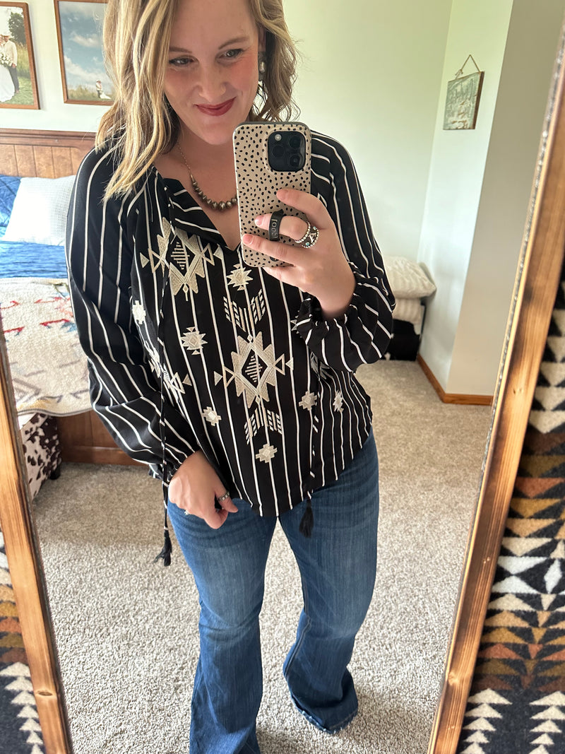 Black Striped Aztec Embroidered Top