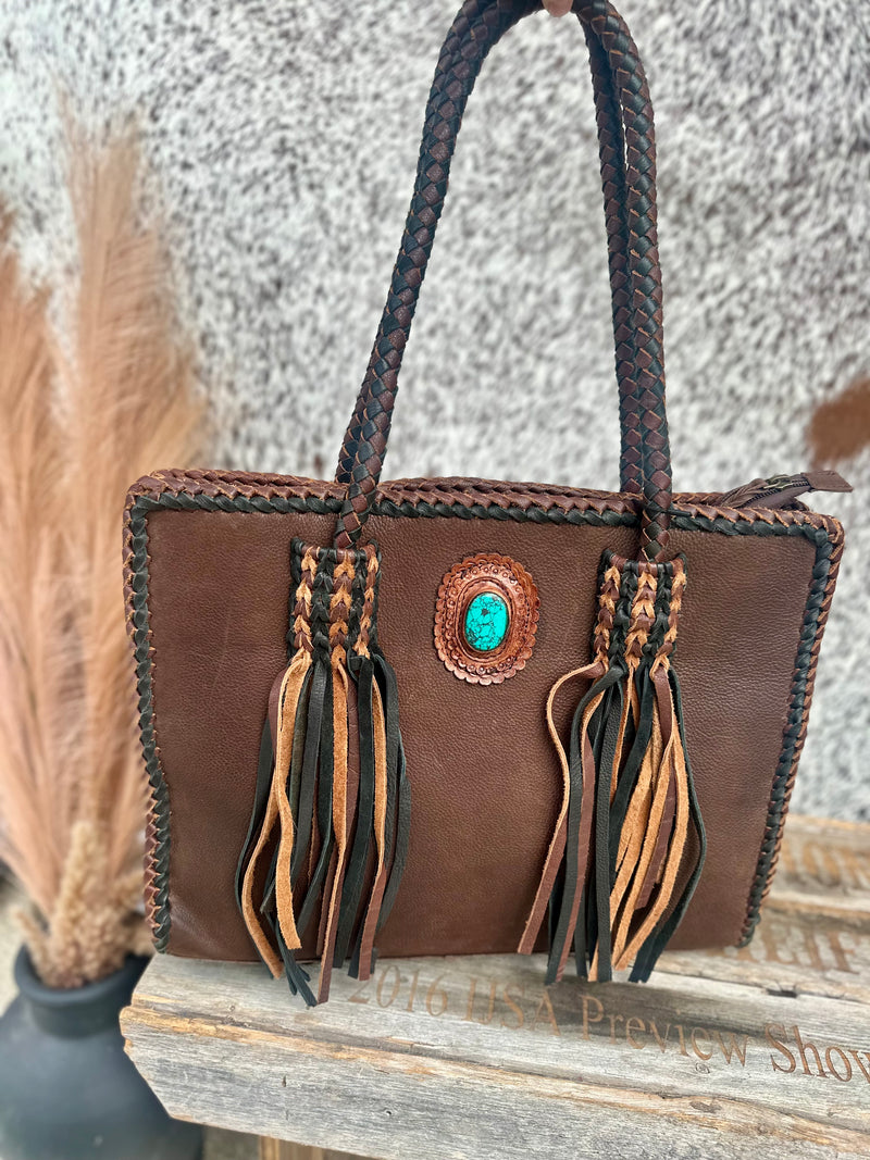 Brown Leather Tote with Turquoise Stone