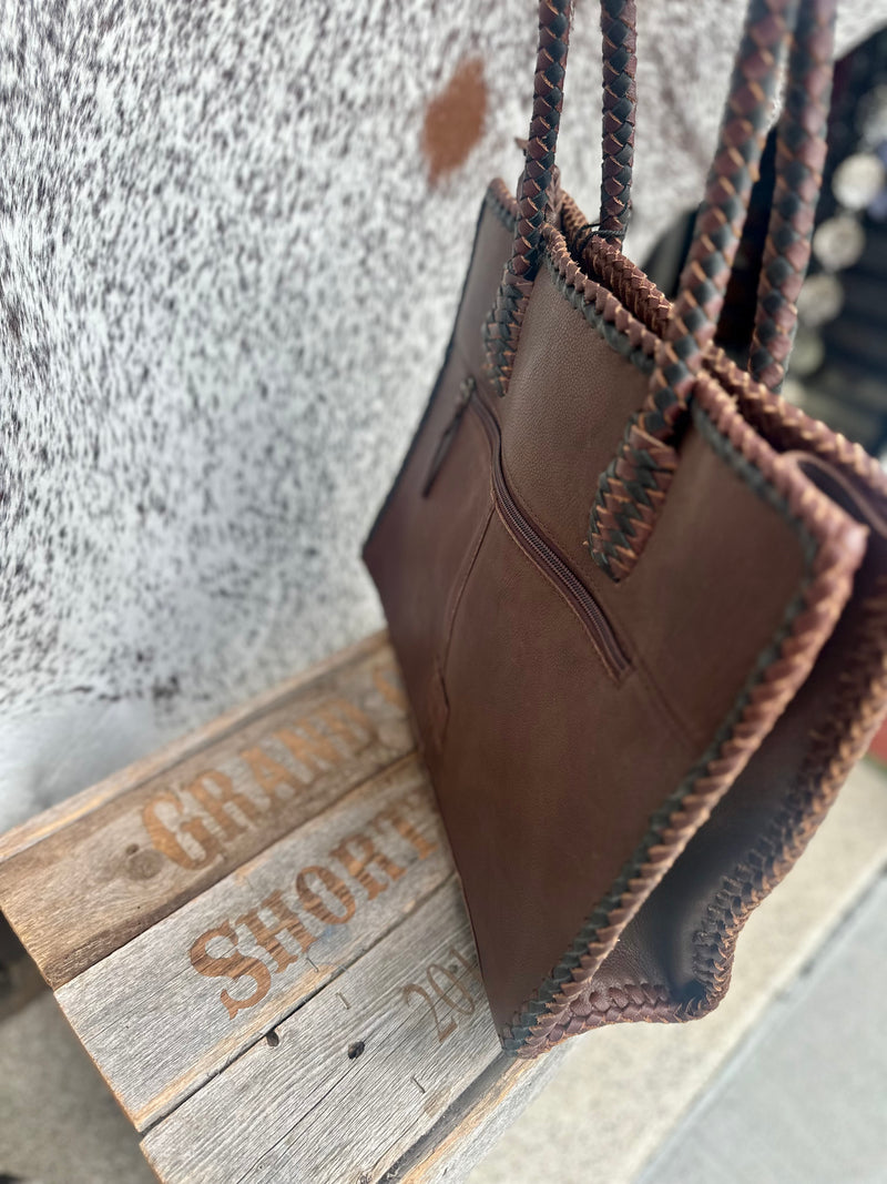 Brown Leather Tote with Turquoise Stone