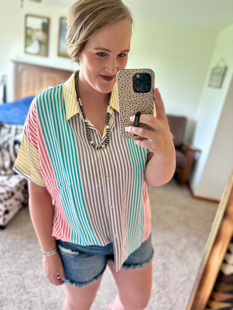 Short Sleeve Multi Striped Button Up Shirt