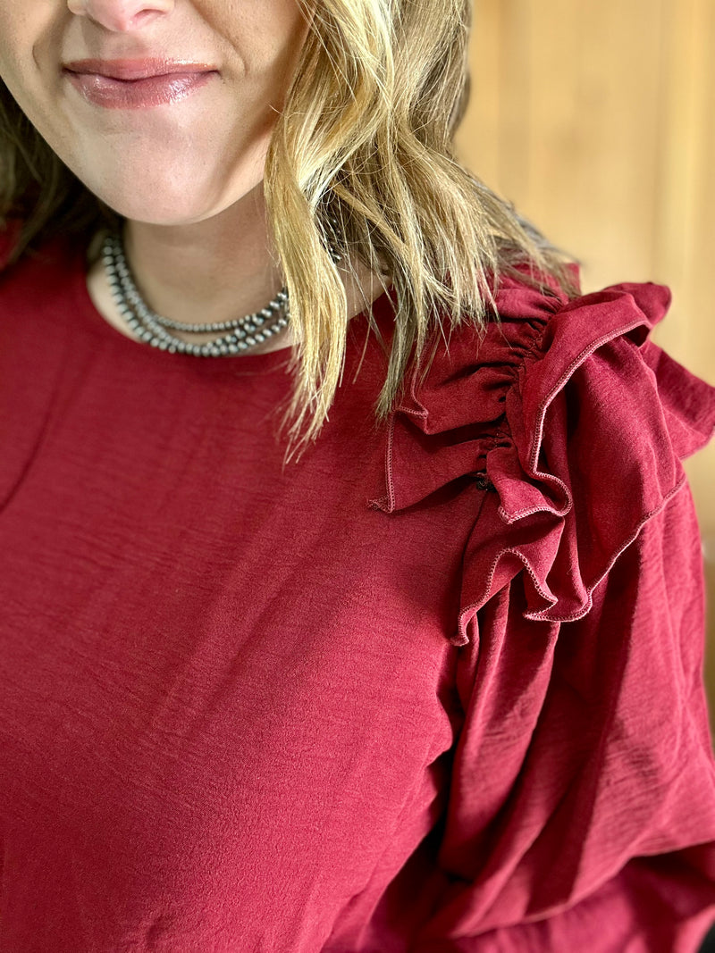 Wine Ruffle Shoulder Top