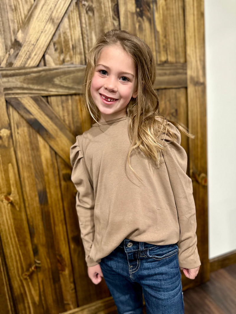Girls Puff Shoudler Knit Top - Taupe