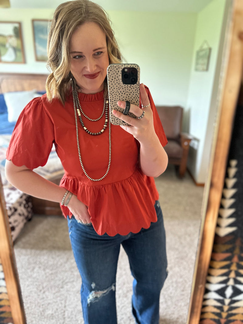 Rust Scalloped Peplum Top
