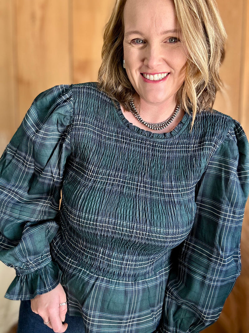 Green/Navy Plaid Peplum Top