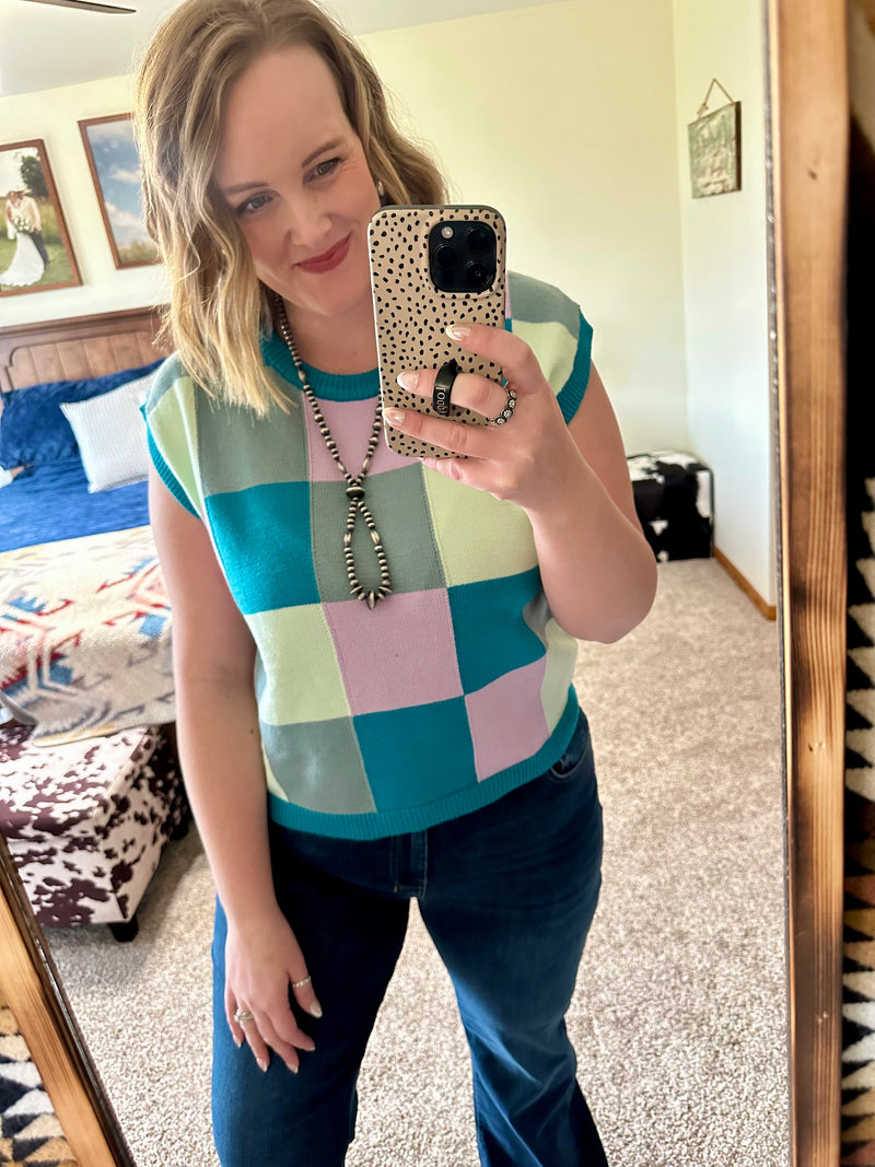 Teal Multi Checker Sweater Vest