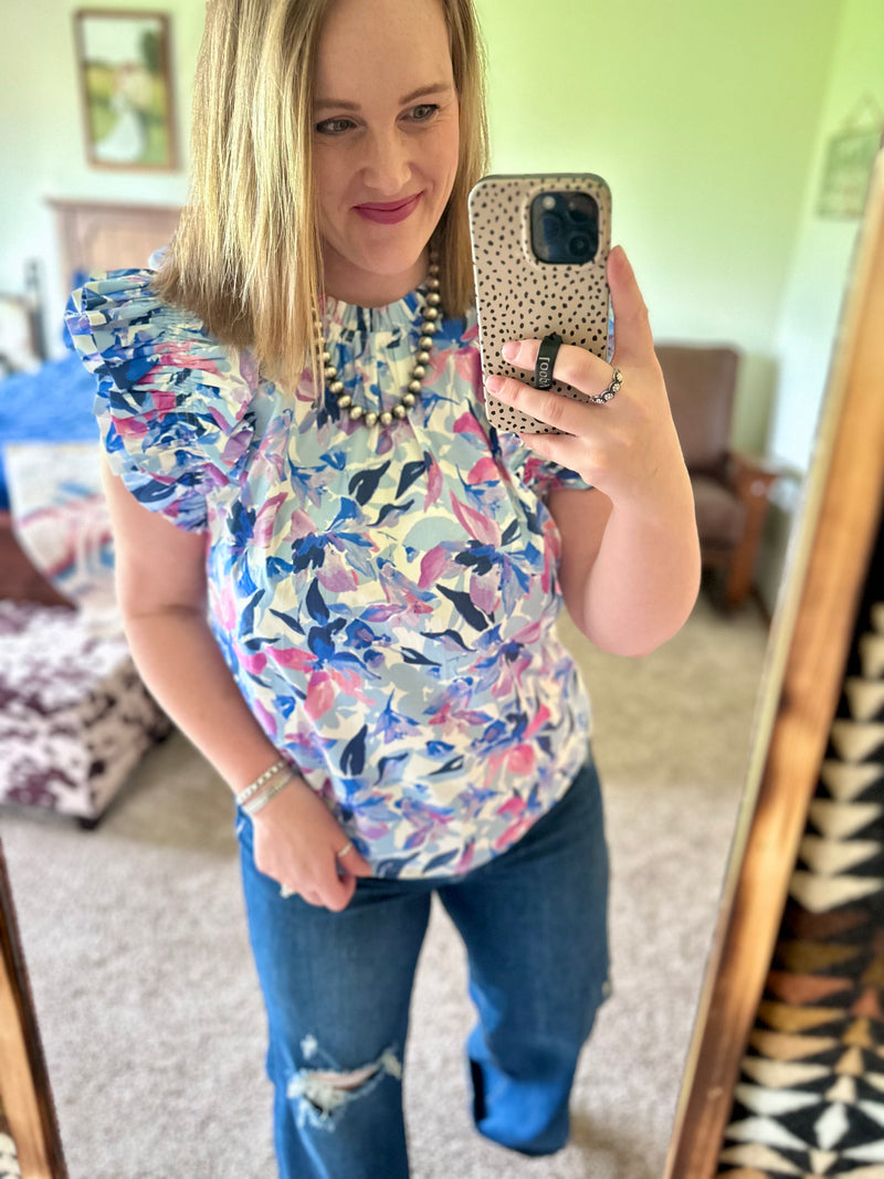 Blue Floral Ruffle Detail Top
