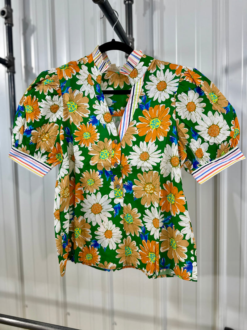 Green Floral V Neck Top