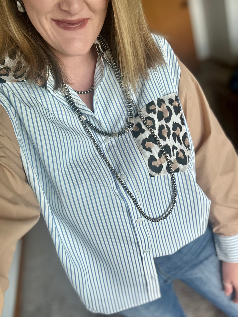 Stripe Leopard Mix Button Down Top