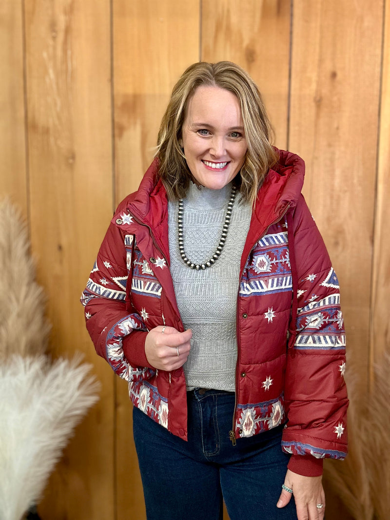 Aztec Puffer Hooded Jacket - Red