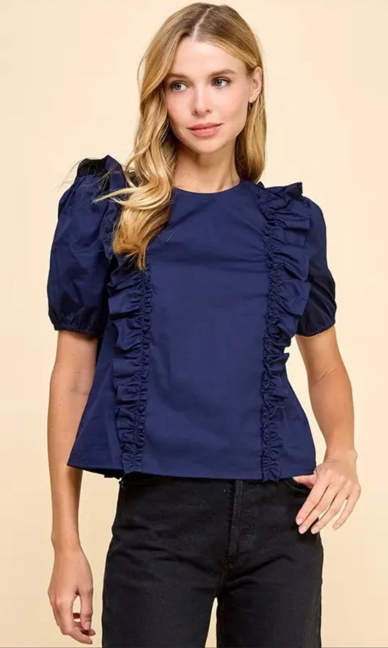 Ruffle Detail Top - Navy