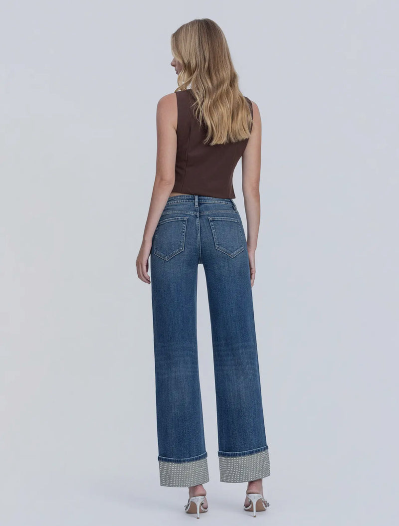 Rhinestone Cuffed Mid Rise Wide Jeans