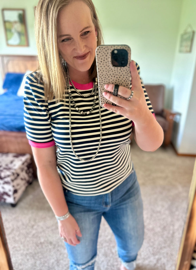 Striped Top - Navy/Pink