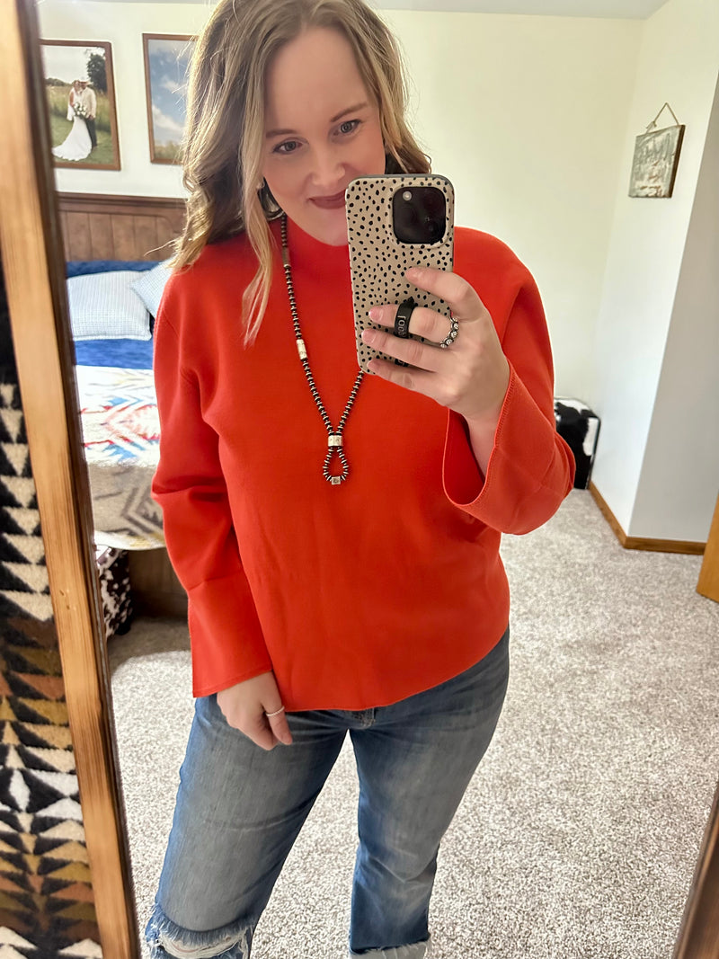 Red Orange Mock Neck Buttery Knit Top