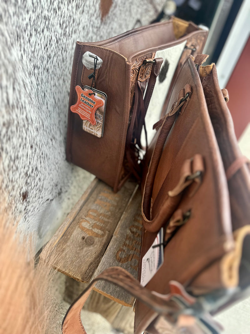 Black Cowhide / Tooled Leather Tote