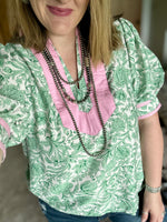 Green Floral Print Puff Sleeve Top