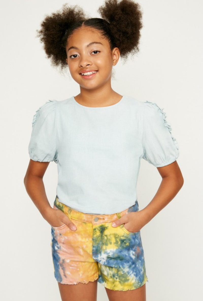 Girls Denim Blue Puff Sleeve Top