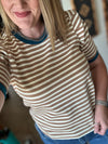 Tan Striped Top with Teal Trim