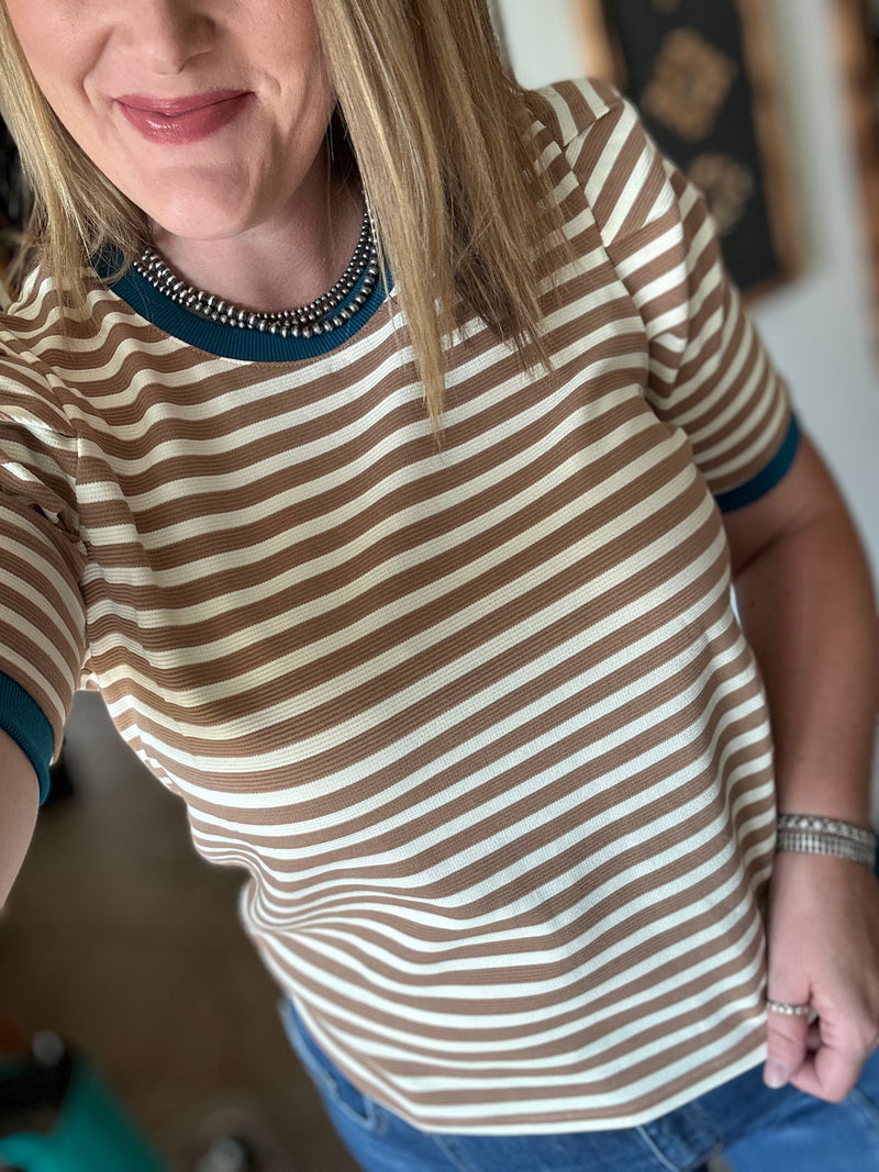 Tan Striped Top with Teal Trim