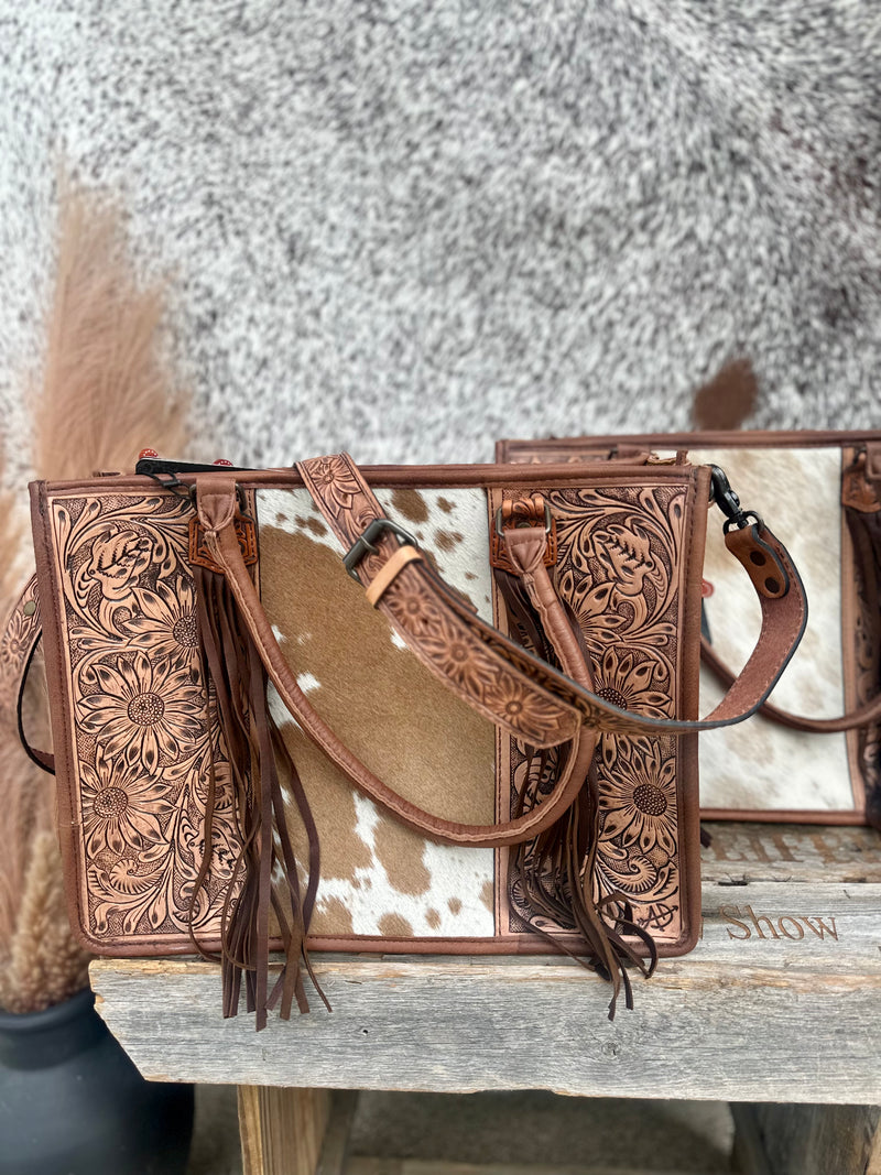 Brown Cowhide / Tooled Leather Tote