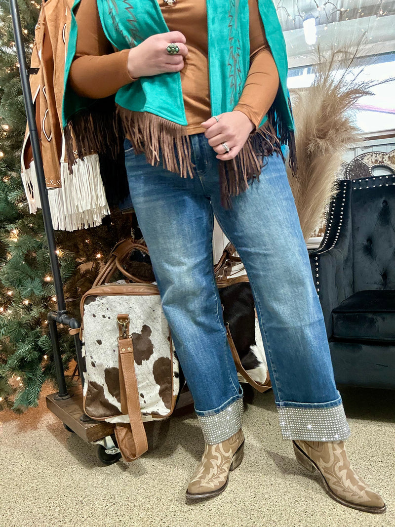 Rhinestone Cuffed Mid Rise Wide Jeans