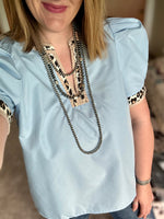 Light Blue Leopard Trim Top