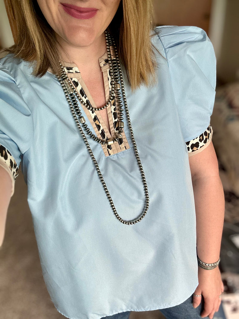Light Blue Leopard Trim Top