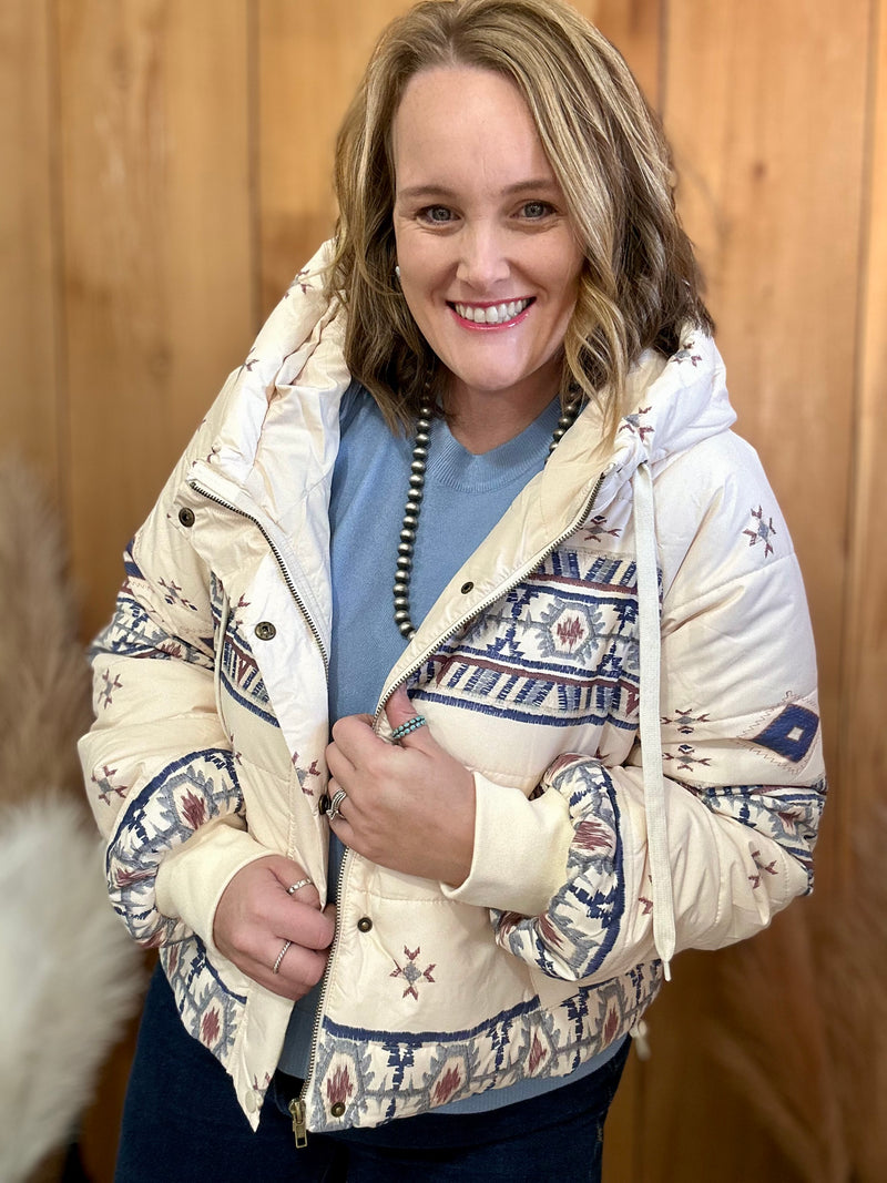 Aztec Puffer Hooded Jacket - Cream