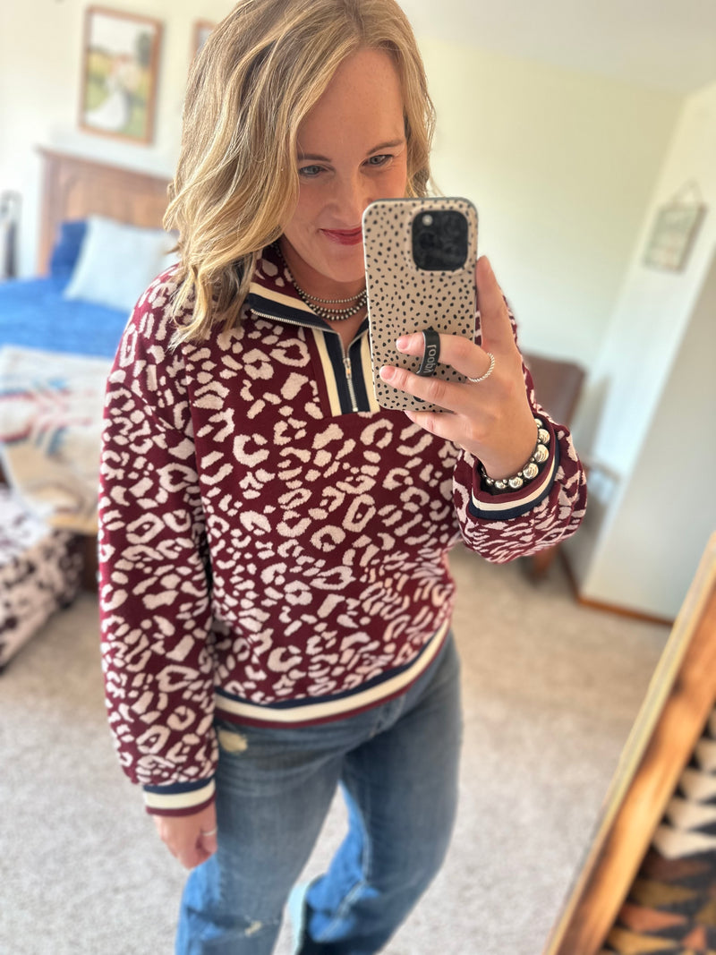 Burgundy Leopard Sweater 1/4 Zip