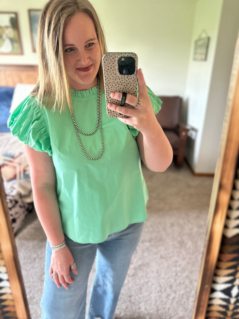 Mint Pleat Sleeve Mock Neck Top