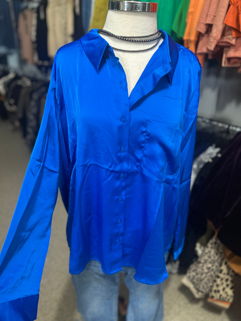 Royal Blue Satin Button Down Top
