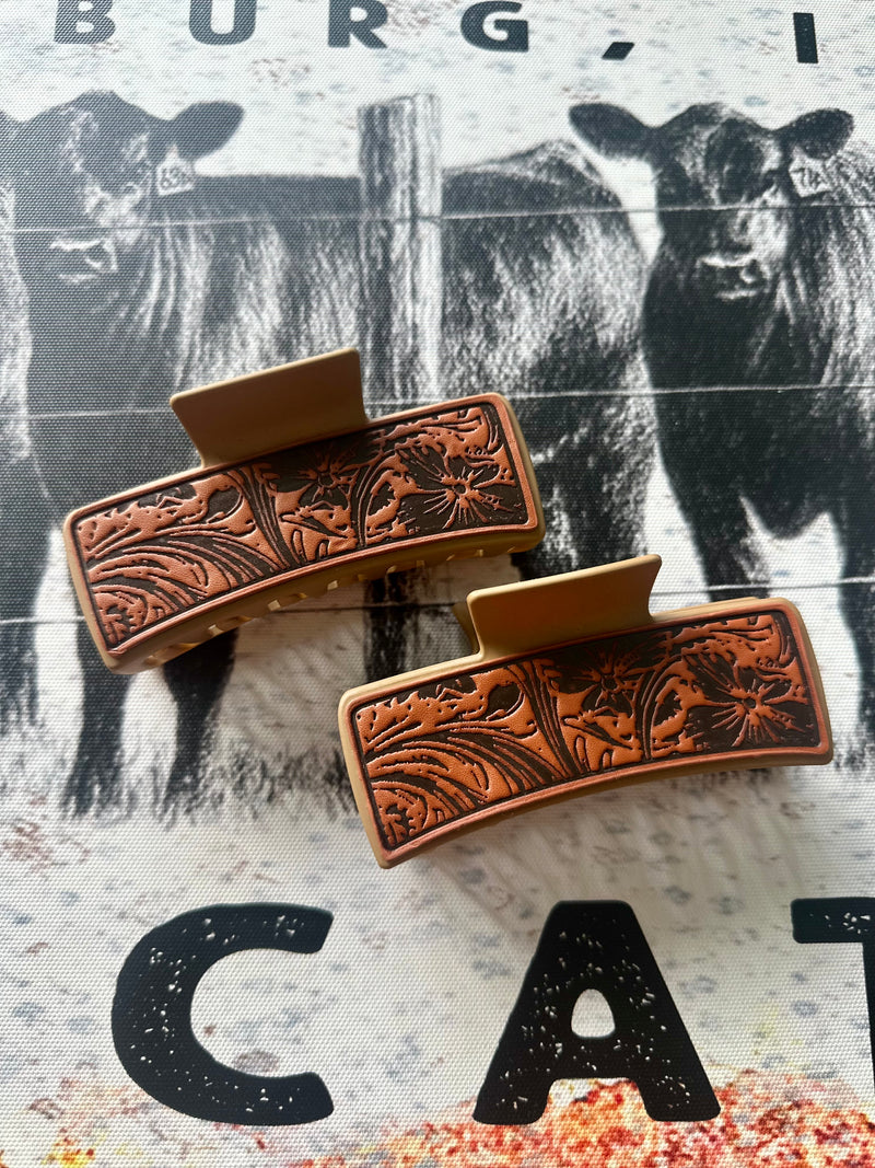 Tooled Leather Brown Claw Clip - 4”