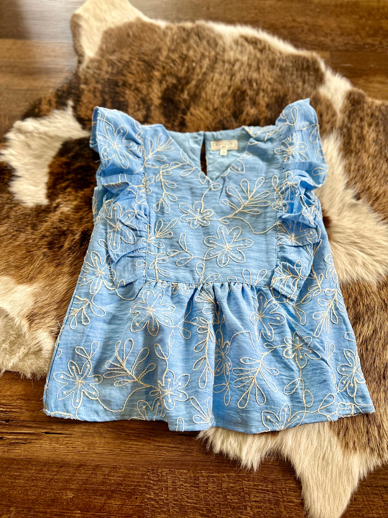 Girls Blue Flower Embroidered Top