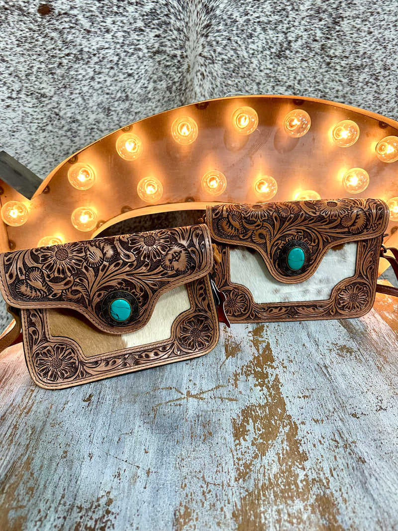 Cowhide & Leather Corssbody with Turquoise Stone