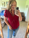 V Neck Tulip Sleeve Top - Burgundy