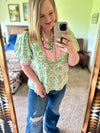 Green Floral Print Puff Sleeve Top