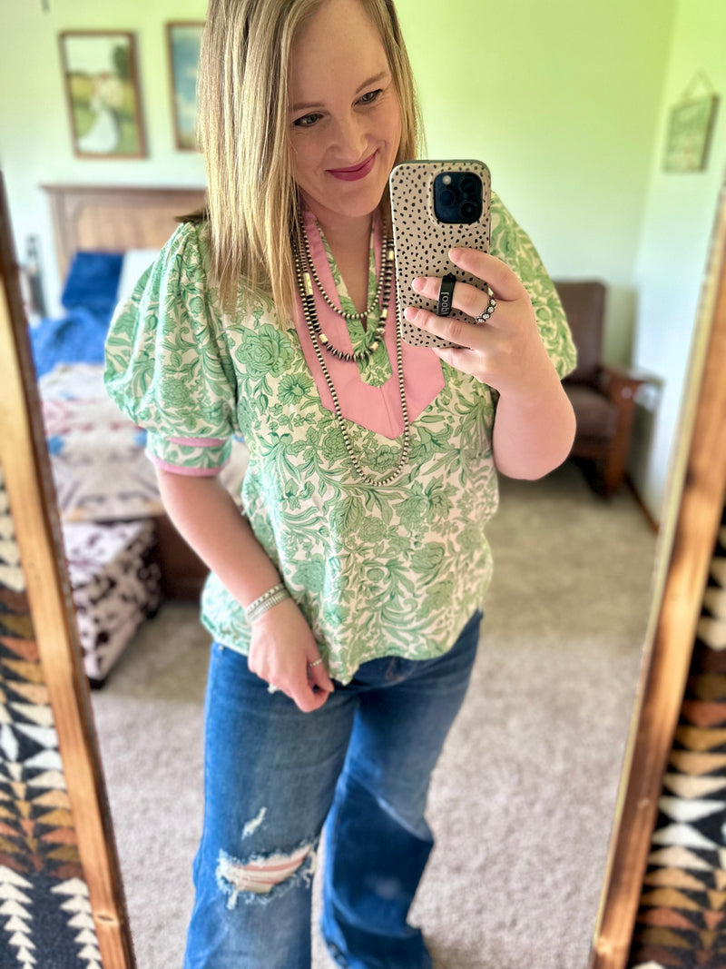 Green Floral Print Puff Sleeve Top