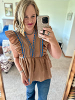 Brown Peplum Ruffle Shoulder Top