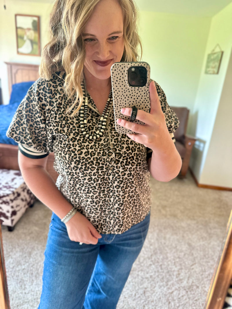 Taupe Leopard Puff Sleeve Half Zip Up