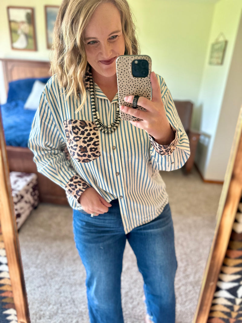 Chambray Striped Leopard Detail Button Up