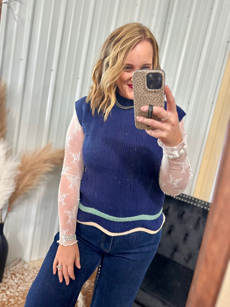 Navy Scalloped Hem Sweater Top